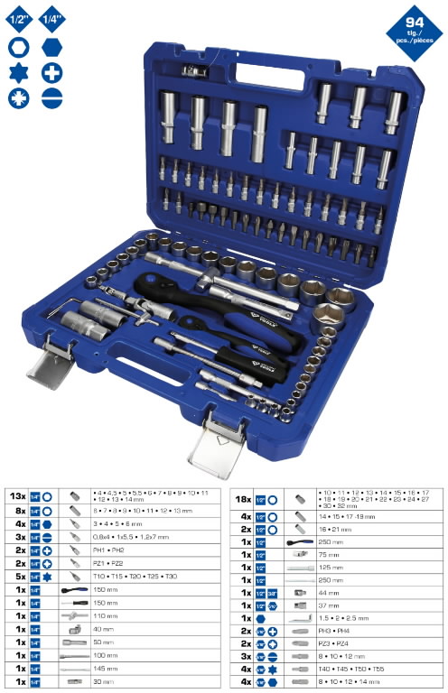 Brilliant Tools padrunikomplekt 1/4" + 1/2" 94 osa – Professionaalne tööriistakomplekt kohvris - Image 2